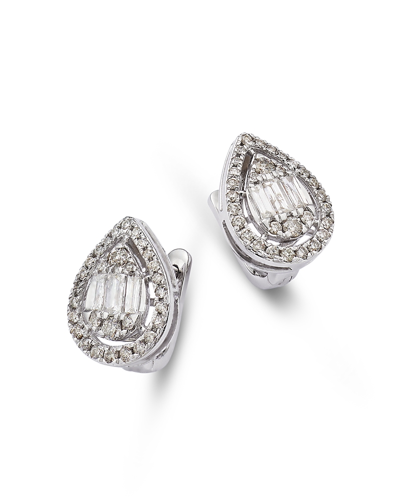 BLOOMINGDALE'S FINE COLLECTION DIAMOND ROUND & BAGUETTE HALO CLUSTER HOOP EARRINGS IN 14K WHITE GOLD, 1.00 CT. T. W.
