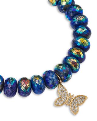 Pav&eacute; Diamond Butterfly Charm Lapis Beaded Bracelet