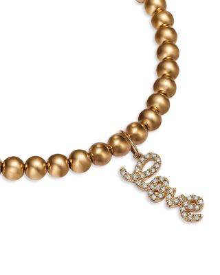14K Yellow Gold Love Script Charm Beaded Bracelet with Diamonds, 0.12 tcw