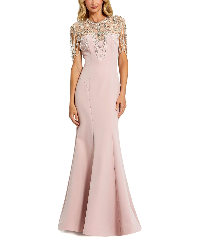 Mac Duggal Draped Pearl Beaded Detail Mermaid Gown In Vintage Lilac