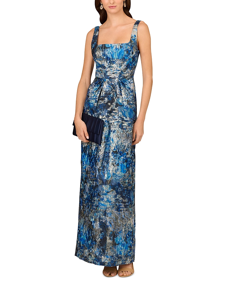 Aidan Mattox Square-neck Jacquard Column Gown In Blue Multi
