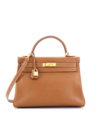 Pre-Owned Hermes Kelly 32 Handbag Brown Courchevel with Gold Hardware