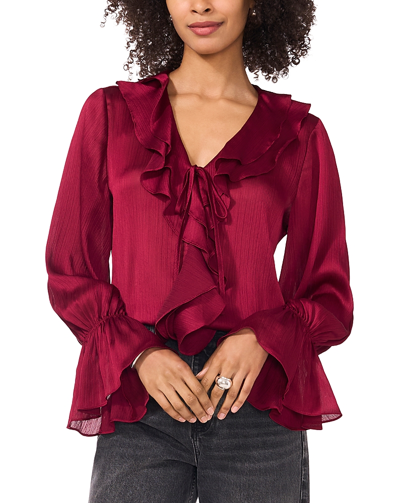 Vince Camuto Ruffle Detail Textured Top In Deep Sangria