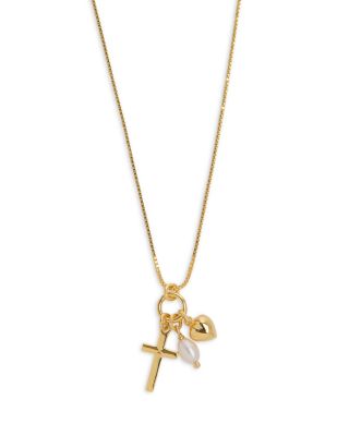 Argento Vivo Heart, Cross & Cultured Freshwater Pearl Multi Charm Pendant Necklace in 18K Gold Plated Sterling Silver, 16-18