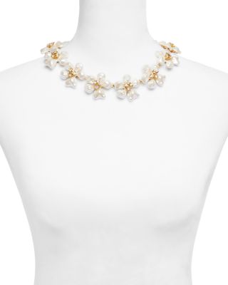 Imitation Pearl & Crystal Flower Statement Necklace, 15-19"