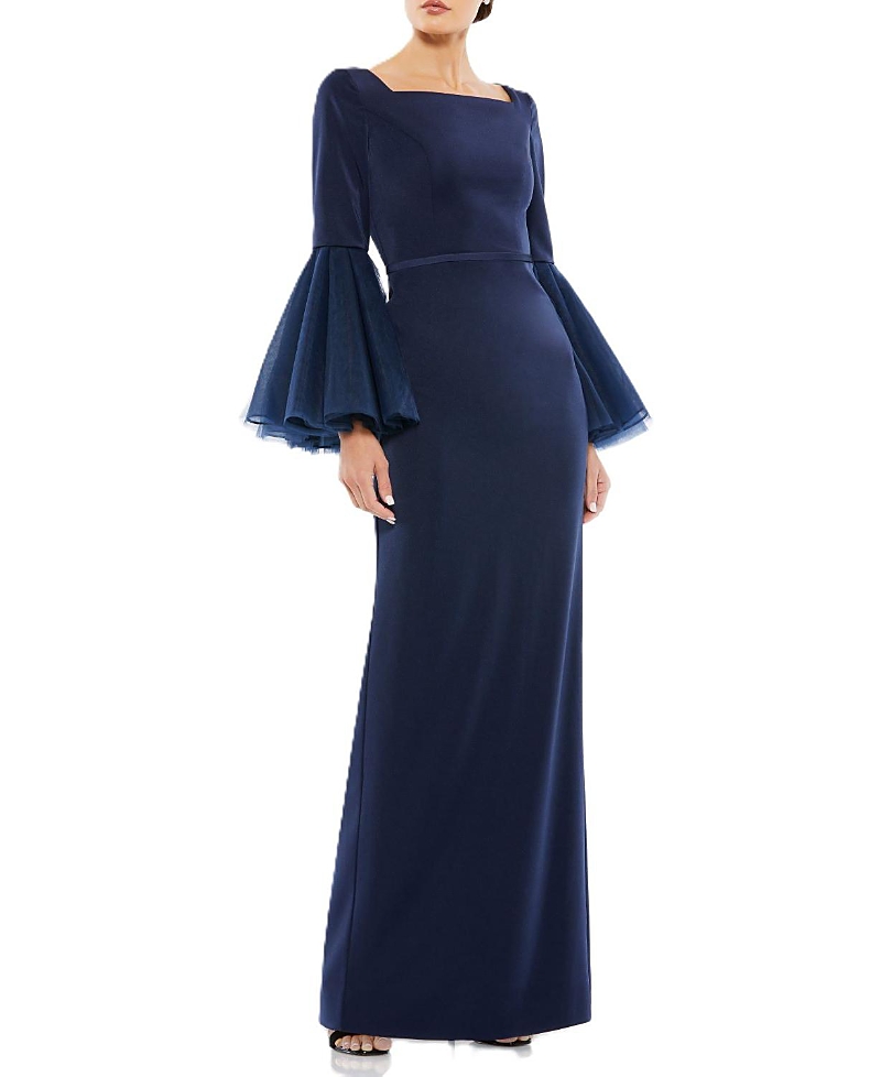 Mac Duggal Flounced Sleeve Square Neck Column Gown In Navy