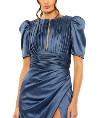 Puff Sleeve Pleated Bodice Draped Gown