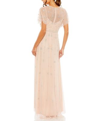 V Neck Embellished Flutter Sleeve A Line Gown