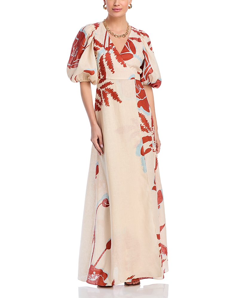 Juan De Dios Emrita Midi Dress In Ecru Orange Gladiolos In Ecru/orange Gladiolos