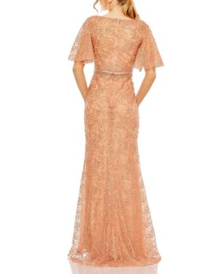 Embellished Neck Butterfly Sleeve Trumpet Gown