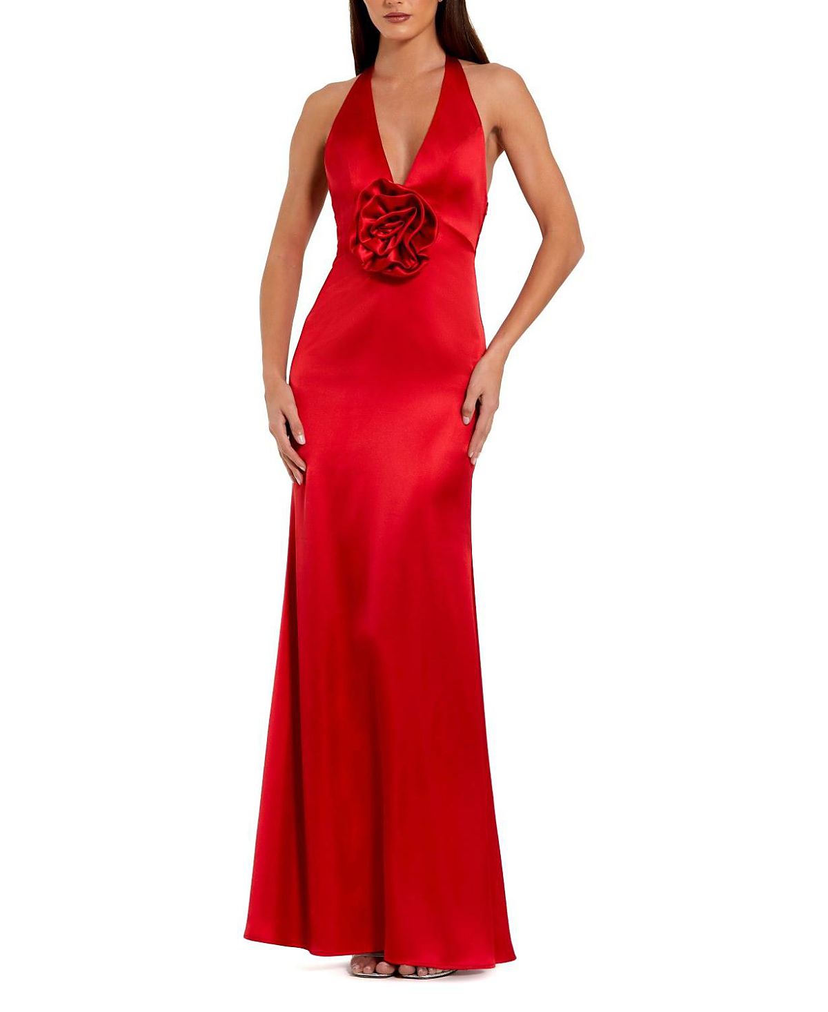 Mac Duggal Fitted Satin Sleeveless Halter Gown with 3D Flower