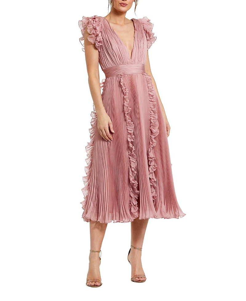 Mac Duggal Chiffon Ruffled Midi Dress With Pleated Detailing In Rose