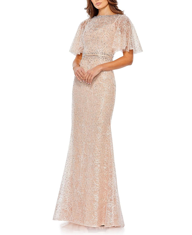Mac Duggal Embellished Neck Butterfly Sleeve Trumpet Gown In Blush