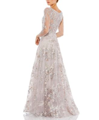  Appliqued Illusion Long Sleeve A Line Gown