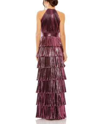  High Neck Heat Pleated Tiered Ruffle Metallic Gown