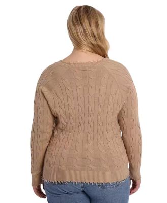  Plus Size Cotton Frayed Cable Cardigan