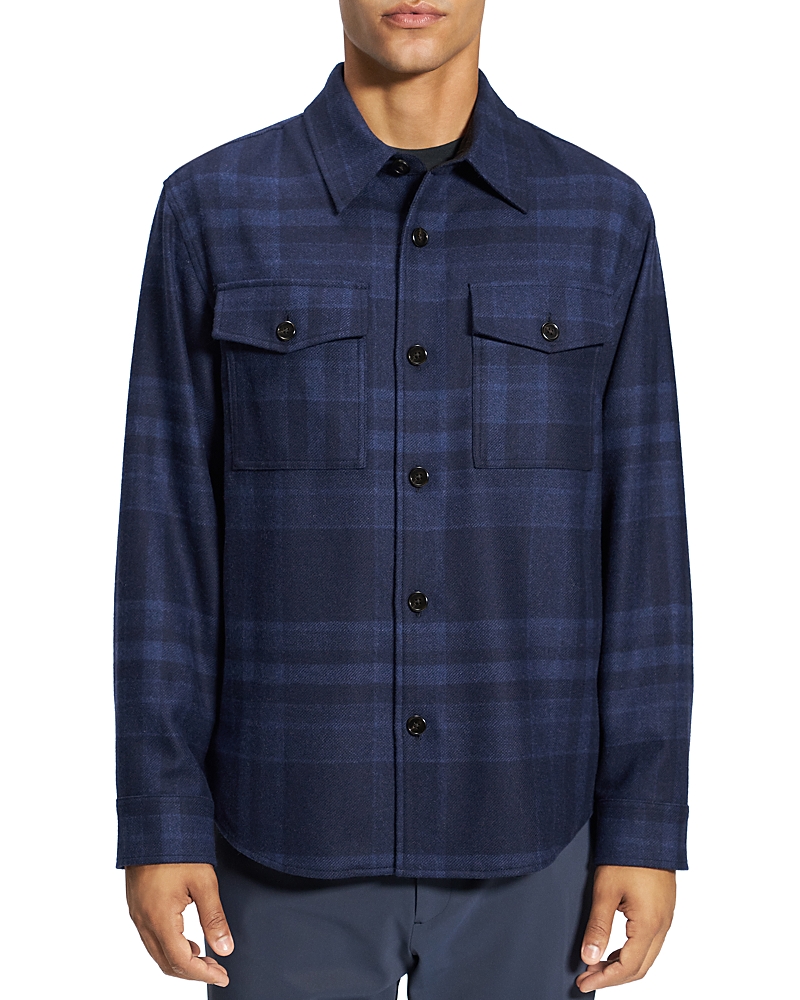 Theory Plaid Flannel Button-up Overshirt In Baltic