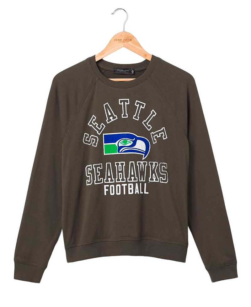 Junk Food Clothing Women's Nfl Seattle Seahawks Flocked Raglan Crew Fleece Sweatshirt In Seattle Seahawks