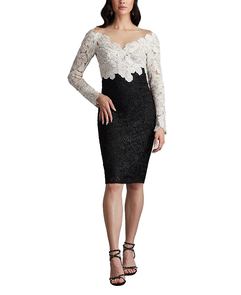 Tadashi Shoji Two-tone Floral Lace Illusion Dress In Black/ivory
