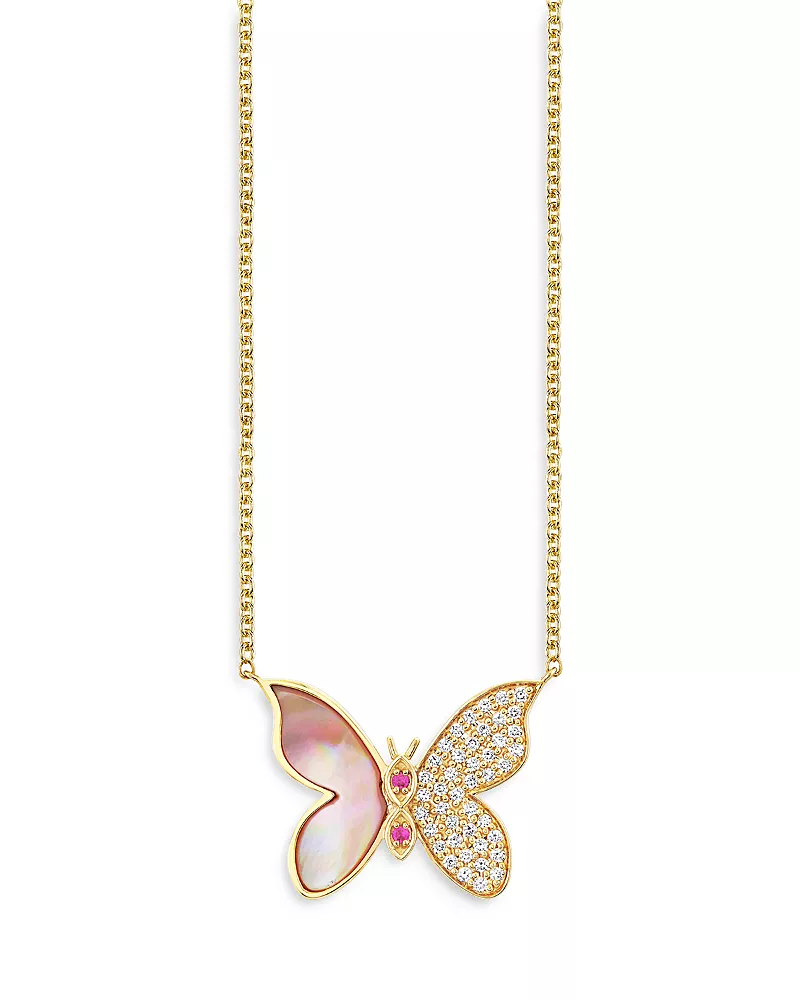 Sydney Evan Wicked x Sydney Evan 14K Yellow Gold Glinda Diamond Pave Butterfly Pendant Necklace, 18