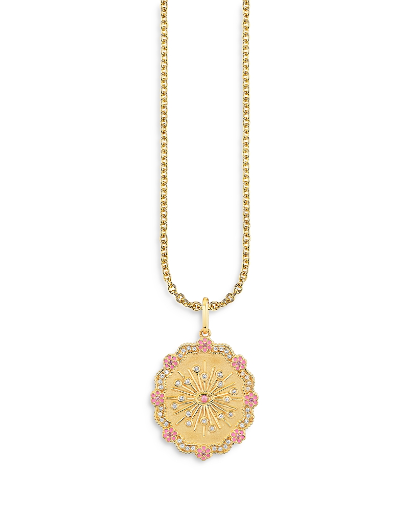 Sydney Evan 14k Yellow Gold Glinda Wand Diamond & Pink Sapphire Coin Pendant Necklace, 18 In Gold