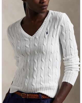 Women&#39;s Cable Knit Cotton V Neck Sweater