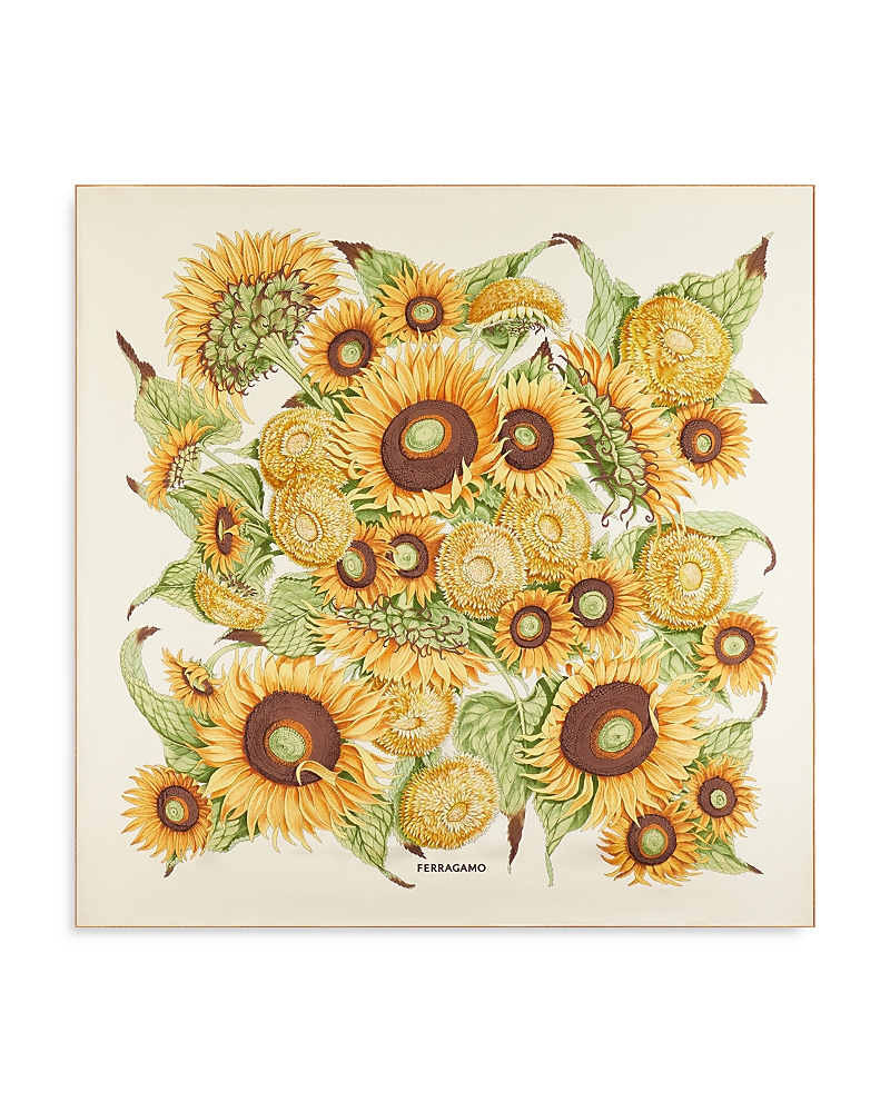 Ferragamo Sunflower Print Silk Scarf In Avorio/yellow