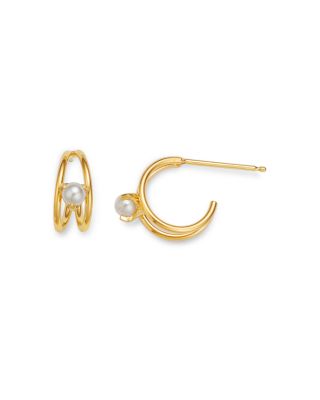 14K Yellow Gold Nested Prong Cultured Freshwater Pearl Double Wire Hoop Earrings