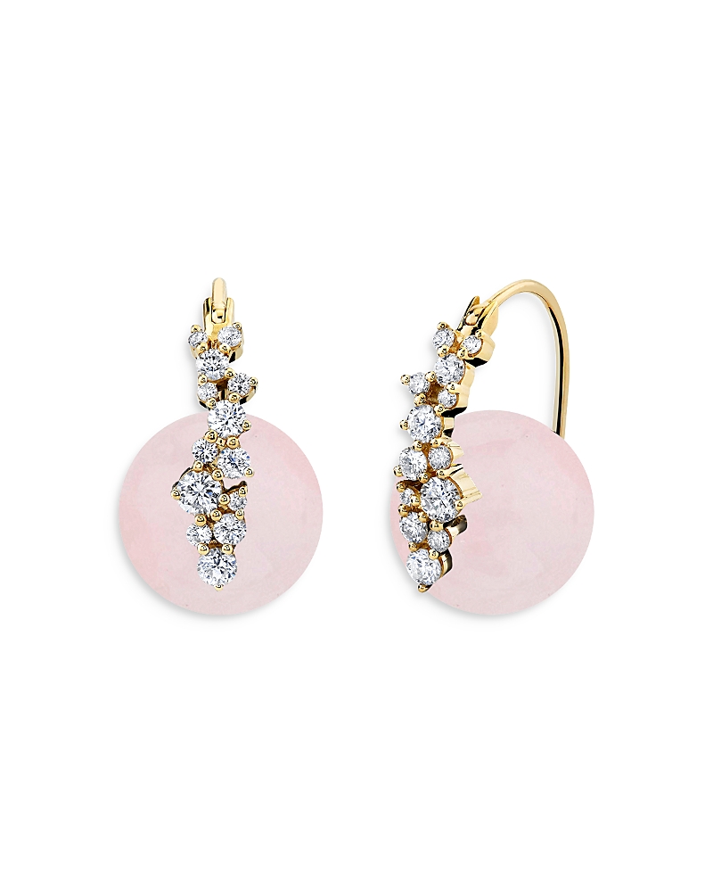 Sydney Evan 14k Yellow Gold Rose Quartz Bead & Diamond Huggie Hoop Earrings In Pink/gold