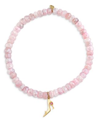 Wicked x Sydney Evan 14K Yellow Glinda Pure Heel Charm Pink Beaded Bracelet