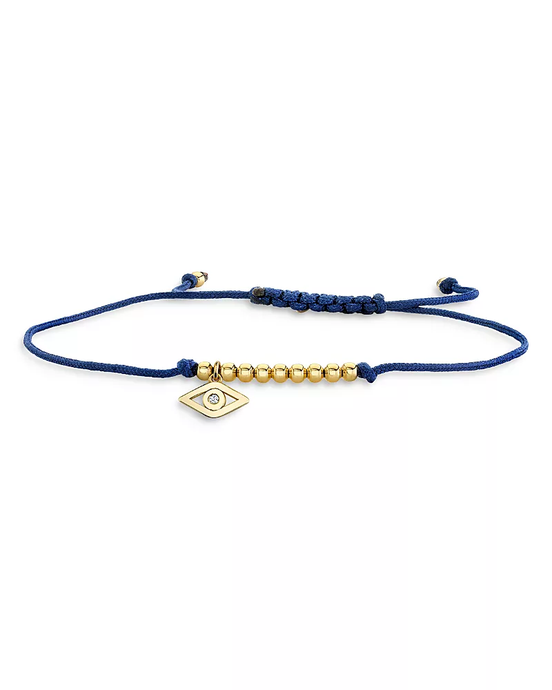 Sydney Evan 14K Yellow Gold Evil Eye Diamond Blue Corded Bracelet