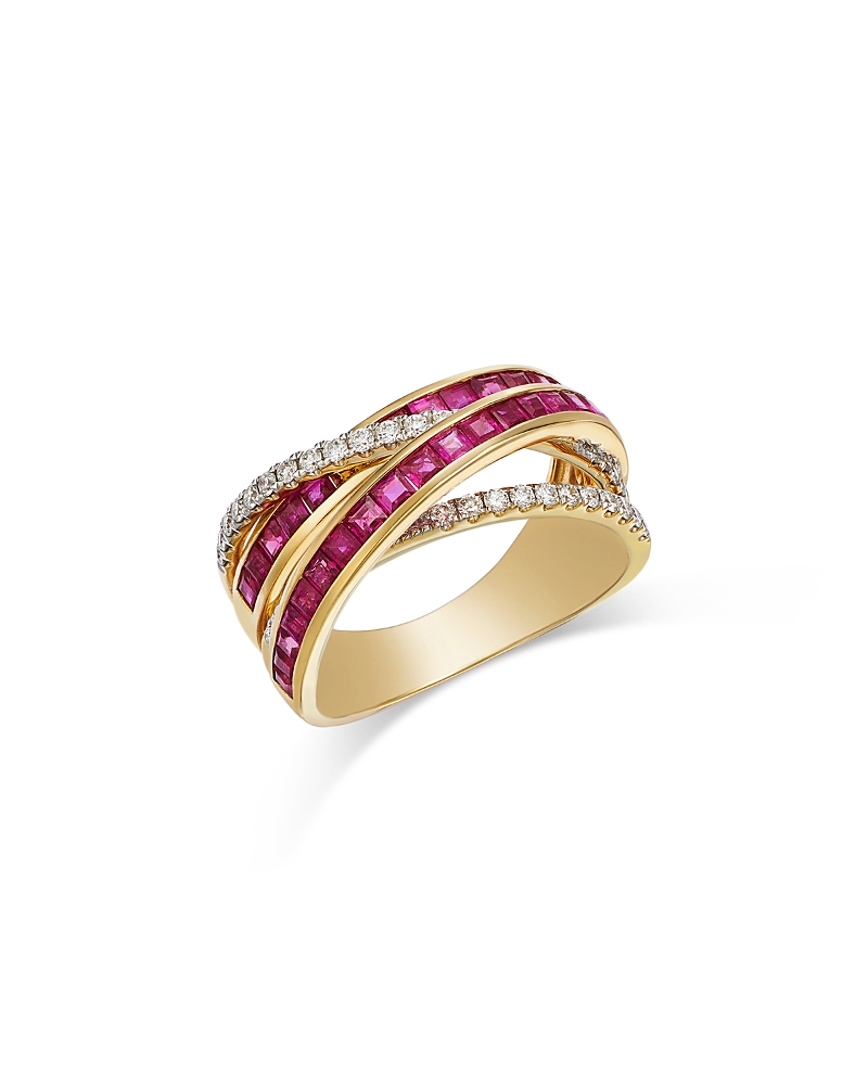 Bloomingdale's Fine Collection Ruby & Diamond Crossover Ring In 14k Yellow Gold In Red/gold