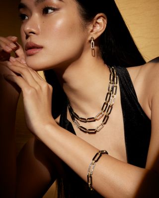 18K Yellow & White Gold Signature Caviar Diamond & Black Ceramic Station Link Necklace, 18"