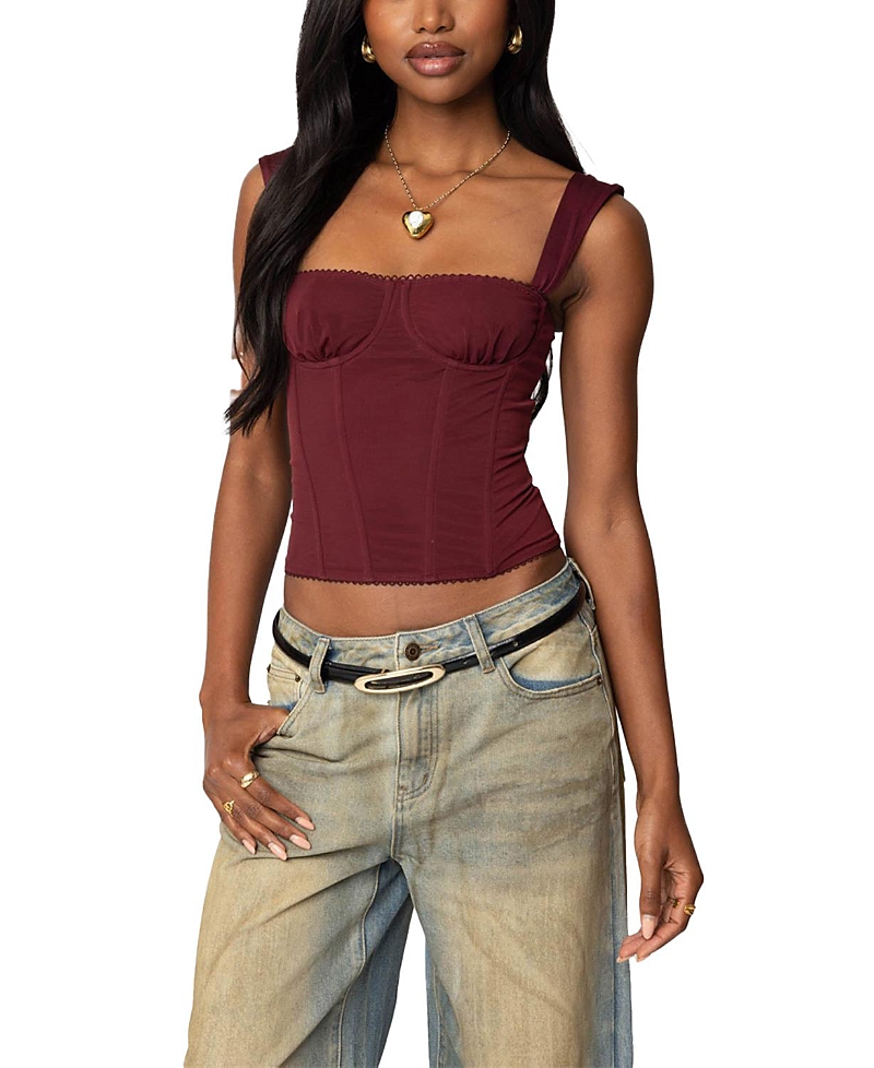 Edikted Marcella Wide Strap Mesh Corset In Burgundy