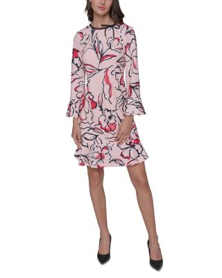 Printed Bow Neck Flounce Dress