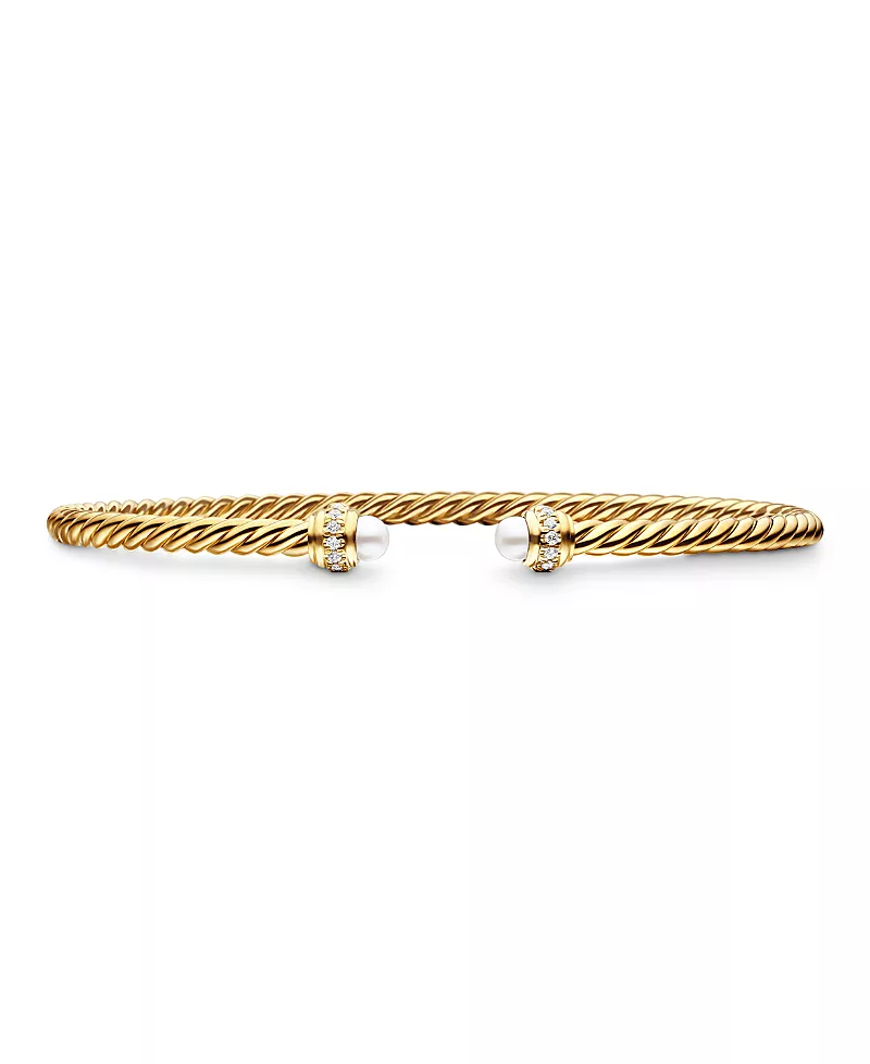 David Yurman 18K Yellow Gold Cablespira Bracelet with Cultured Freshwater Pearls & Diamonds