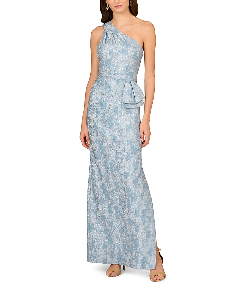 Aidan Mattox One-shoulder Metallic Jacquard Column Gown In Tropez Blue