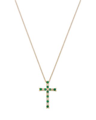 Emerald & Diamond Cross Pendant Necklace in 14K Yellow Gold, 16-18"