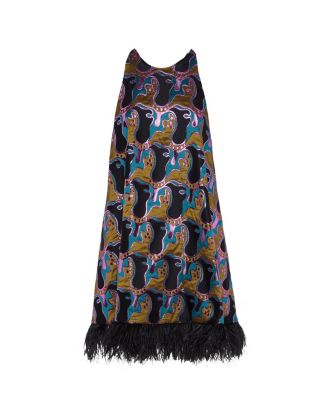 La Fenice Mini Dress in Spritz Blue Petro with Feathers