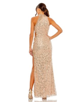 Side Cut Out High Slit Sequin Detail High Neck Gown