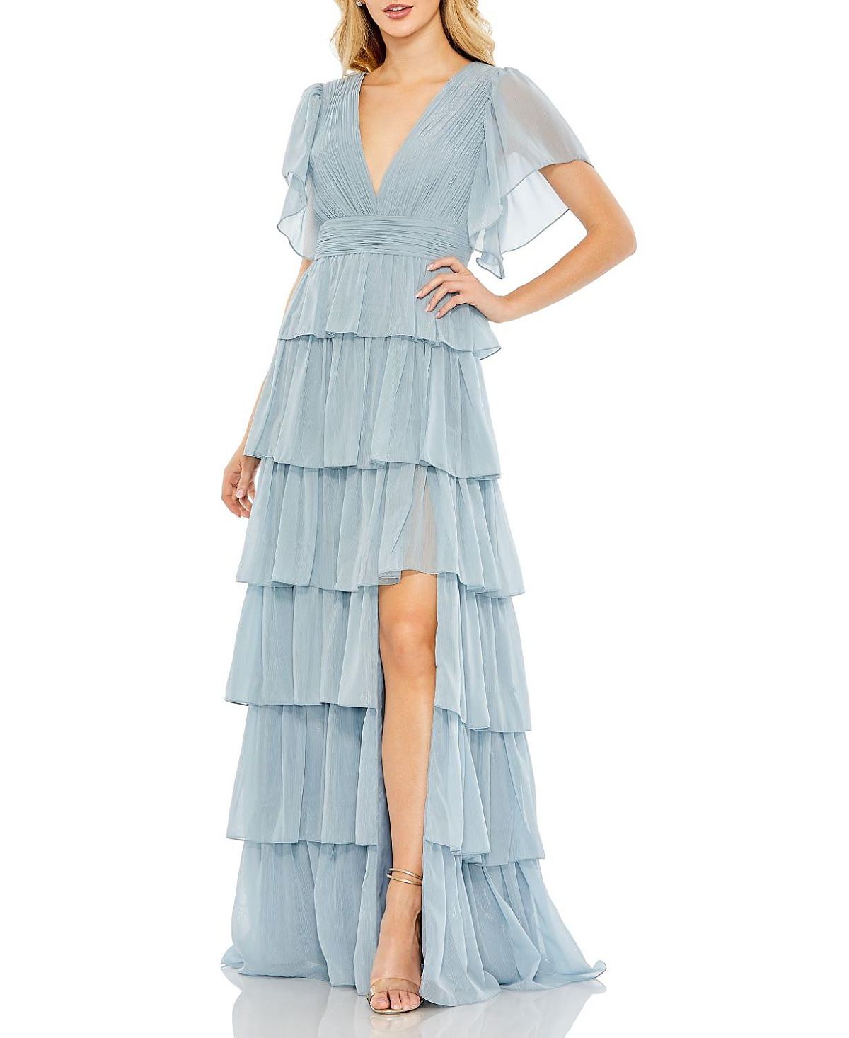 Mac Duggal Flutter Sleeve Ruffle Tiered Gown
