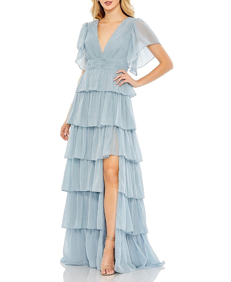 Mac Duggal Flutter Sleeve Ruffle Tiered Gown