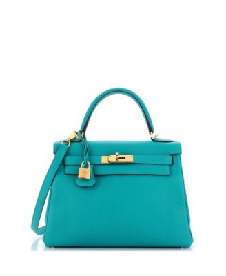 Pre-Owned Hermes Kelly 28 Handbag Blue Clemence with Gold Hardware