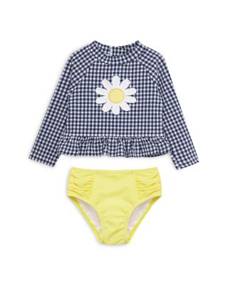 Little Me - Girls' Long Sleeve Gingham Top & Solid Bottom Rash Guard Two Piece Swimwear - Baby