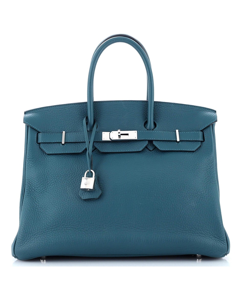 Pre-Owned Hermes Birkin 35 Handbag Blue Clemence with Palladium Hardware