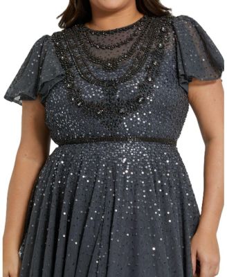  Plus Sheer Flutter Sleeve Beaded Fluffy Net Gown