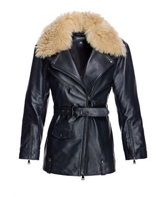 Leather Moto Jacket with Detachable Shearling Collar