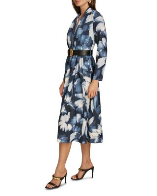 Belted Long Sleeve Midi Satin Dress