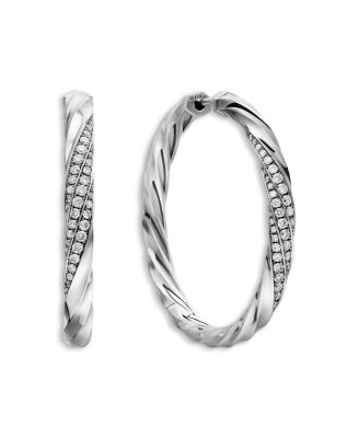 David Yurman Sterling Silver Cable Edge Hoop Earrings with Diamonds