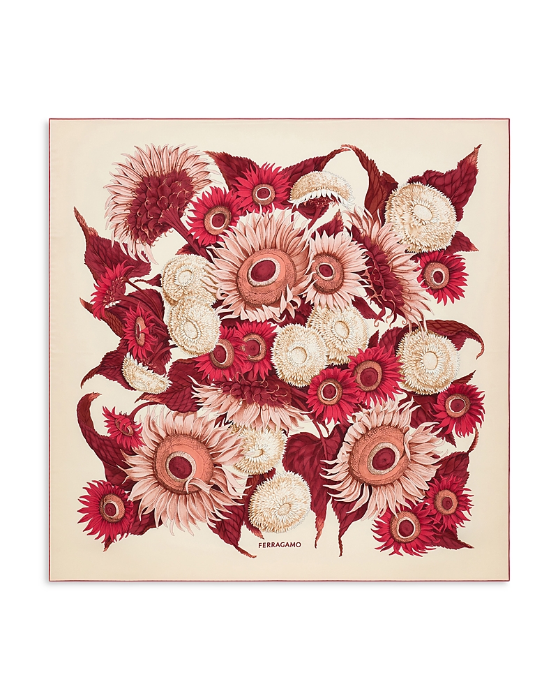 Ferragamo Sunflower Print Silk Scarf In Avorio/bordeaux